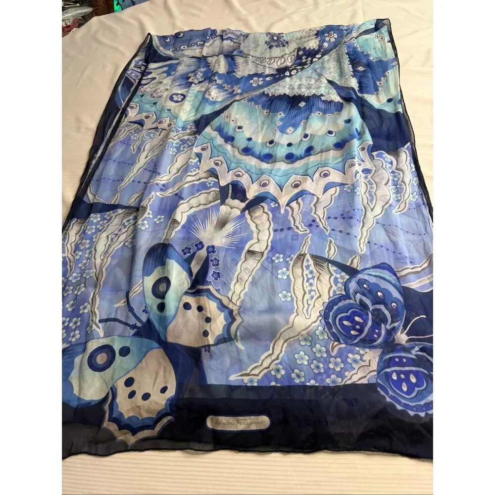 Salvatore Ferragamo Blue Butterfly Floral Silk Chiffon Scarf Italy Large